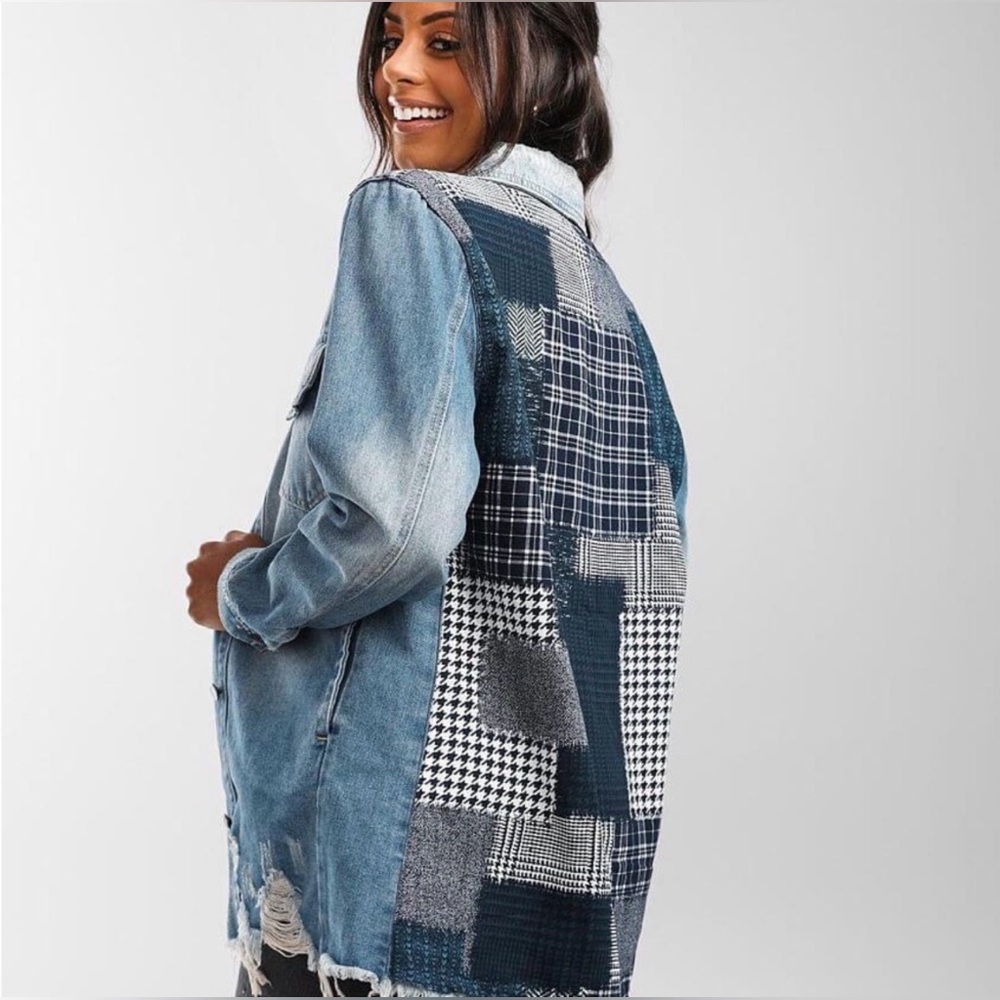 BKE Patchwork Back Distressed Denim Jacket Small … - image 1